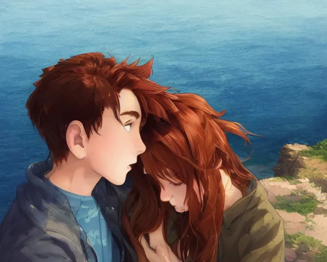 Prompt: a boy with brown hair and a girl with auburn hair sitting together on a cliff overlooking the ocean. Blue sea,, cliffside, sunset, atmospheric lighting, romantic, girl has long auburn hair. By Makoto Shinkai, Stanley Artgerm Lau, WLOP, Rossdraws, James Jean, Andrei Riabovitchev, Marc Simonetti, krenz cushart, Sakimichan, D&D trending on ArtStation, digital art.