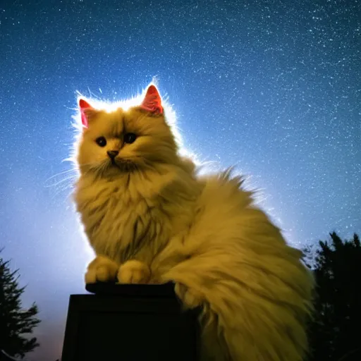 Prompt: a professional photo of a very fluffy cat looking at the night sky