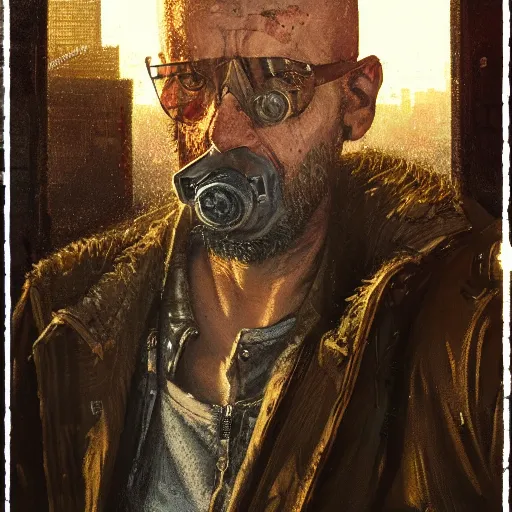 Prompt: cyberpunk, closeup portrait of a shaggy old cyberpunk fence, bald, tired eyes, tattered tweed jacket, dramatic light, city background, sunset, dystopian setting, high contrast, sharp, neuromancer, the finn, painted by stanley lau, painted by greg rutkowski, painted by stanley artgerm, digital art, trending on artstation