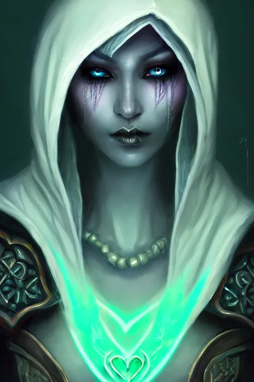 Image similar to realistic character concept portrait art of a female drow necromancer, emerald trinkets and outfit, beautiful face, hooded robes, moonlit, ghostly atmosphere, long dark hair, by stanley artgerm lau, wlop, rossdraws, james jean, andrei riabovitchev, marc simonetti, and sakimichan, tranding on artstation
