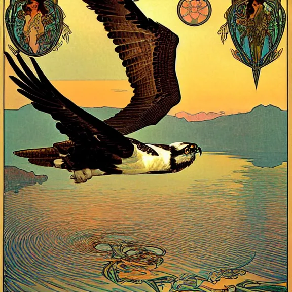 Image similar to an osprey in flight over a spectacular mountain lake at golden hour. art nouveau. surrealism. incredibly beautiful digital art. by alphonse mucha.