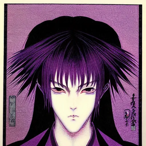 Prompt: prompt : portrait of muse soft light painted by takato yamamoto, purple iris rinnegan eyes, inspired by ninja anime, smooth face feature, intricate oil painting, high detail, sharp high detail, manga and anime