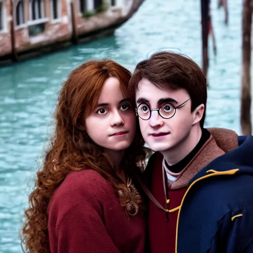 Prompt: Harry Potter and Hermione in Venice, symmetrical face, beautiful eyes, instagram photo, 4k, 8k