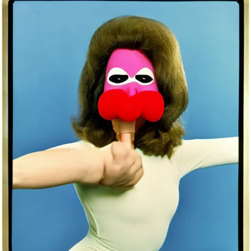 Image similar to 1976 woman wearing an inflatable plastic mouth, soft color,wearing a leotard 1976 holding an anthropomorphic finger, color film 16mm Almodovar John Waters Russ Meyer Doris Wishman old photo