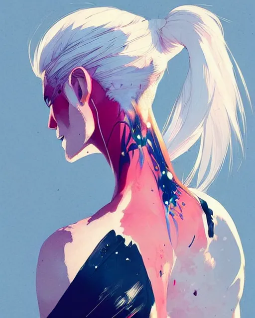 Image similar to a ultradetailed beautiful back painting of a stylish woman with white hair in a short pony tail, she is wearing jeans, by conrad roset, greg rutkowski and makoto shinkai trending on artstation