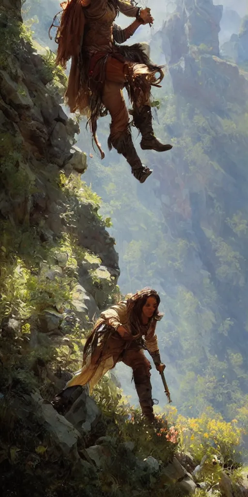 Image similar to oil art of young roma mage adventurer climbing down a cliffside in style of disco elysium character, gipsy jester character design from ravenloft, art by anders zorn, wonderful masterpiece by greg rutkowski, beautiful cinematic light, american romanticism by greg manchess, jessica rossier