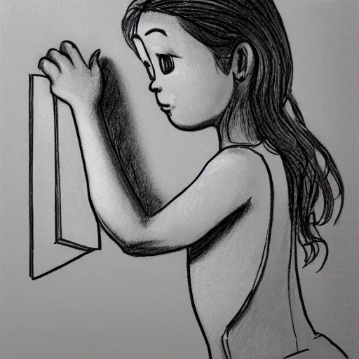 Prompt: backside photograph of a girl facing the mirror while holding the sink with both hands in a dark room, cartoon style, pencil sketch