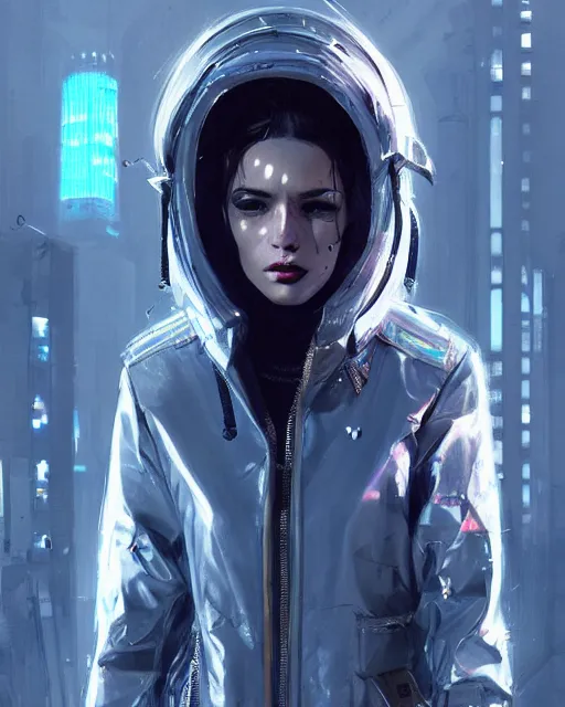 Prompt: detailed portrait European Pretty Luxury Corporation Girl cyberpunk futuristic gloomy neotokyo Reflective jacket coat, Tight fit elegant Futuristic sci-fi fashion by ismail inceoglu dragan bibin hans thoma greg rutkowski Alexandros Pyromallis Nekro Rene Margitte illustrated Perfect face, fine details, realistic shaded, fine-face, pretty face