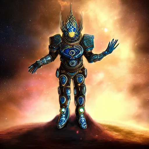 Image similar to photorealistic fantasy cosmic concept art of a cosmic god with armor made out of planets and dark matter, hovering in a unknown galaxy, fully body portrait, cinematic, dynamic lighting, ultra detailed, creative, trending on art station, creative