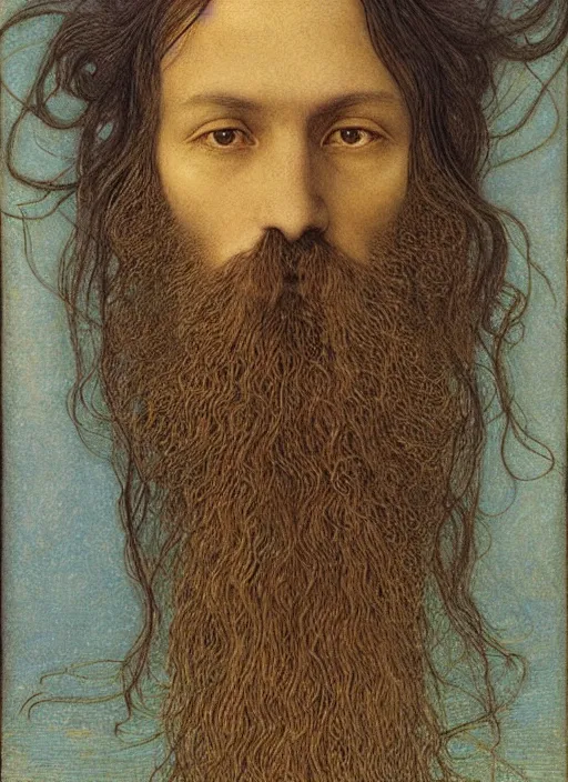 Image similar to portrait of an unkle blue moon with long black hair and beard, by jean delville