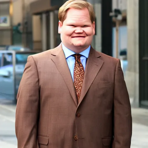 Image similar to Andy Richter is wearing a chocolate brown suit and necktie. Andy is standing outside in the bright sun. His face is covered with sweat.