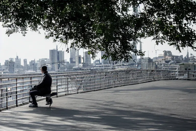 Image similar to A man sitting on a footbridge, city in the background