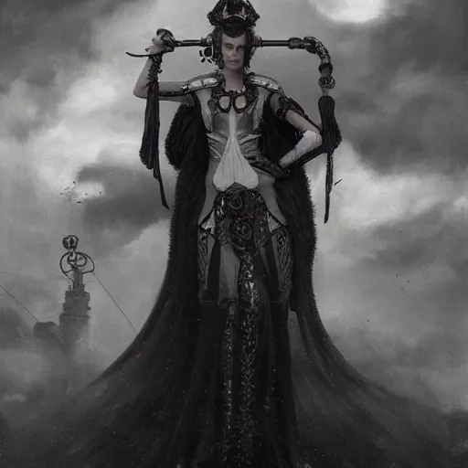 Image similar to By Tom Bagshaw, ultra realist soft painting of a beautiful steampunk gunslinger in long dress in shooting pose at a curiosity carnival by night, symmetry accurate features, very intricate details, ominous sky, black and white, volumetric light clouds