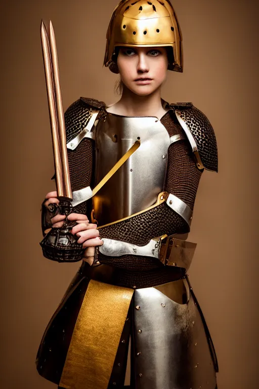 female medieval knight, brown hair, by louis vuitton