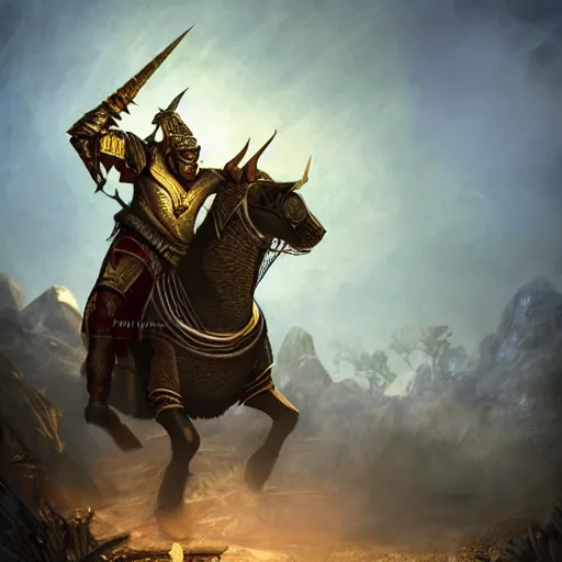 Image similar to a young black boy dressed like an african moorish warrior in gold armor and a crown with a ruby, charging through a dragons lair, skyrim character digital illustration portrait design, by adi granov, dramatic lighting, wide angle dynamic action shot