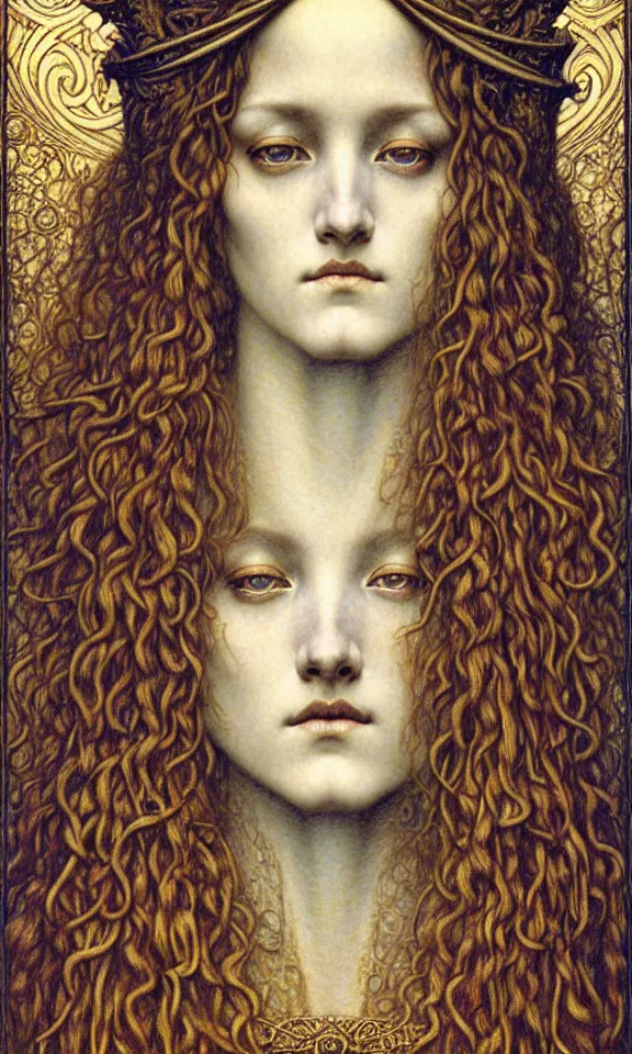 Image similar to detailed realistic beautiful young medieval queen face portrait by jean delville, gustave dore and marco mazzoni, art nouveau, symbolist, visionary, gothic, pre - raphaelite. horizontal symmetry