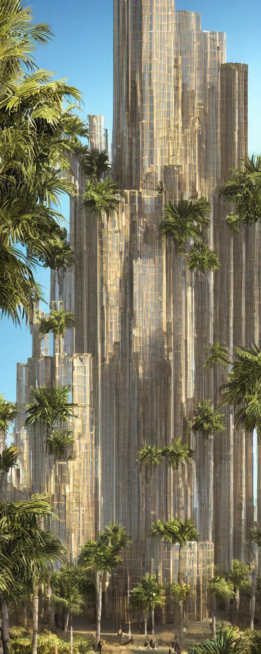 Image similar to photorealistic photo a contemporary babylon tower, golden details, stone facade, sacred geometry architecture, cascading highrise, arid mountains with lush palm forest, sunlight, post - production, octane, cgi, sfx