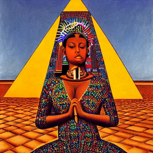 Prompt: a high priestess sitting cross - legged in front of a golden pyramid, by abdul mati klarwein