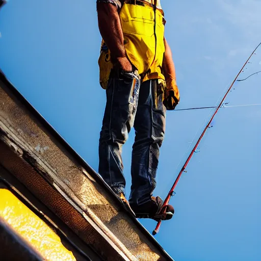 Image similar to closeup portrait of a construction worker with a fishing rod sitting on a metal beam high over new york city, photography