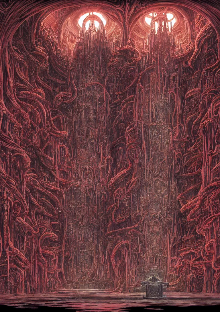 Image similar to matte painting of a gothic throne room, centered on a huge throne made of writhing entrails and organs, red tones, josan gonzales and moebius and enki bilal and and dan mumford and jean claude meziere and philippe druilleg