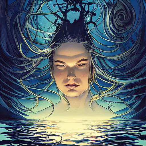 Prompt: in the style of Steve Niles, Joshua Middleton and artgerm, Chtulhu rising from the water staring at a boat, Lovecraftian, ocean, night, storm, lighting, terror, horror