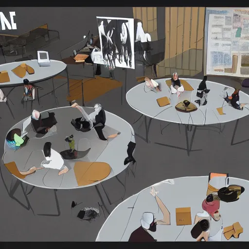 Image similar to concept, venue in meta space, people siting on many round tables, large screen on the wall, artstation