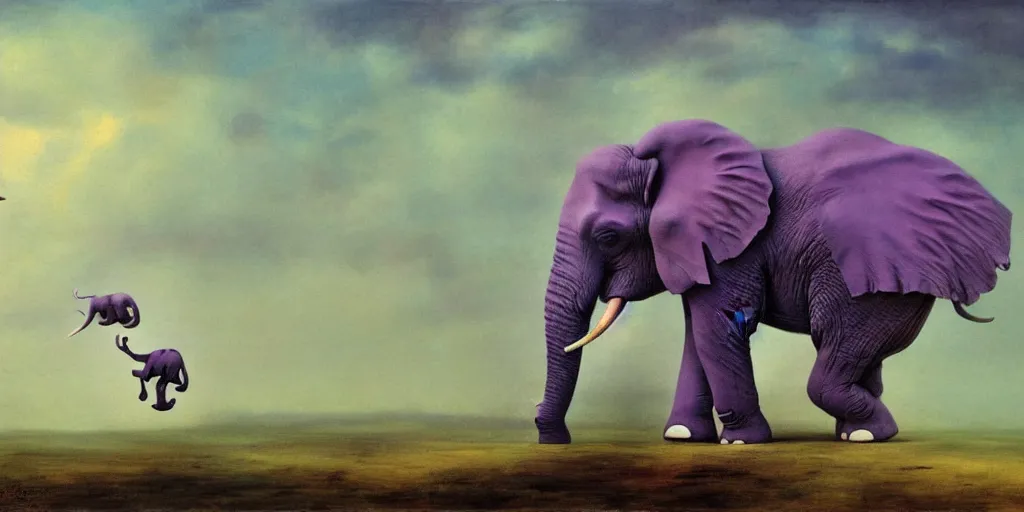 Image similar to a single purple elephant flying in the air like dumbo during a storm, close up of elephant with ground behind, illustration, detailed, smooth, soft, warm, by Adolf Lachman, Shaun Tan, Surrealism