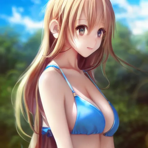 Image similar to a very beautiful mature yuuki asuna, full body, long wavy blond hair, sky blue eyes, full round face, bikini, miniskirt, front view, cute pose, highly detailed, cinematic wallpaper by stanley artgerm lau