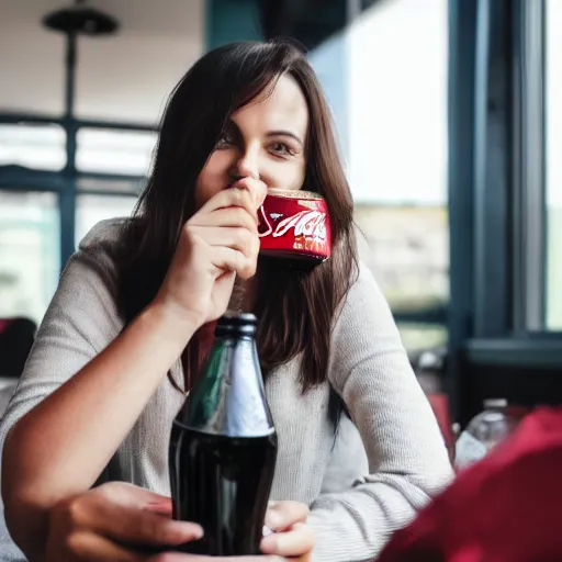 Prompt: a woman, mid-20s, drinking a bottle of coke