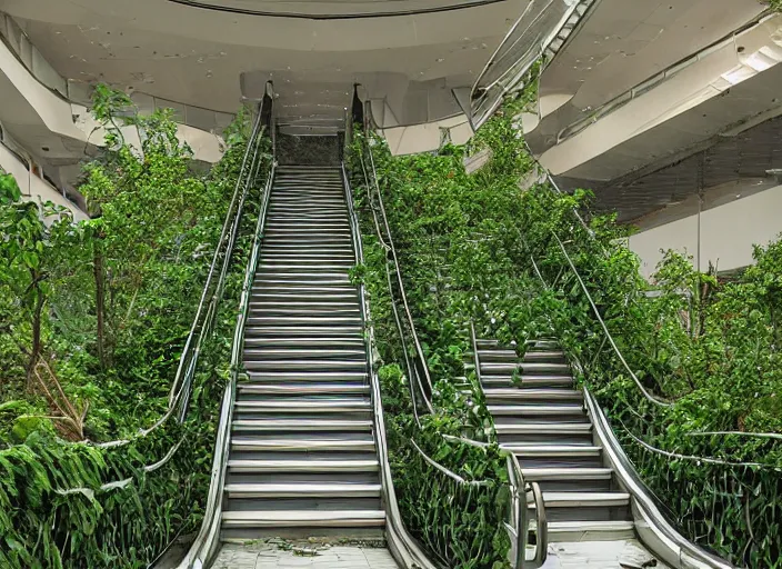 Image similar to an escalator in an abandoned mall in the 1 9 8 0 s, taken over by nature, covered in vines, dream pool, white ceramic tiles