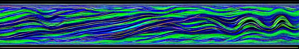 Image similar to abstract art representing signal waves trending toward the top - right and forming an inspired face, glowing blue and green neon streaks interwinding on a deep black background