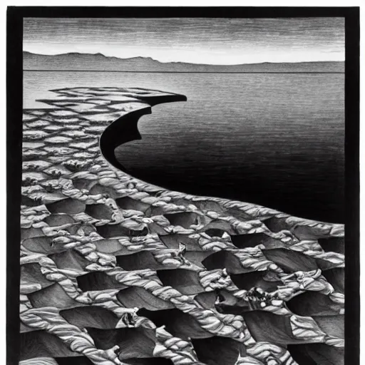 Image similar to M.C. Escher painting of an infinity pool on the edge of the Atlantic Ocean