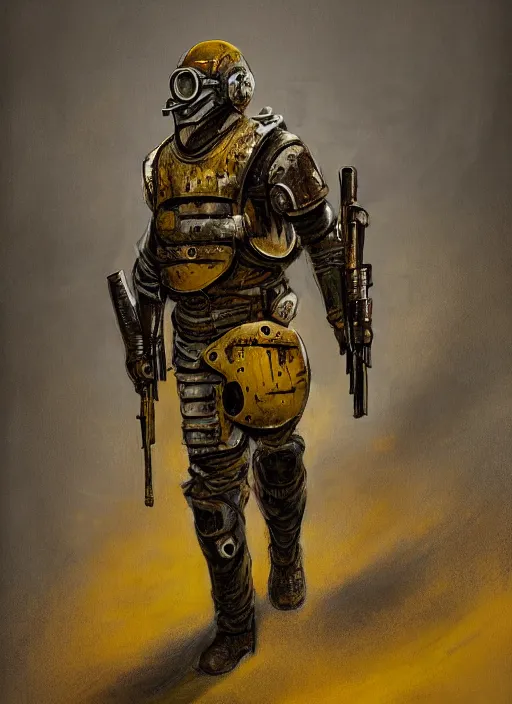 Image similar to a detailed painting of a man in post apocalyptic armour and a helmet walking around a foggy wasteland holding a modified shotgun. hd. 1 9 5 0 s painting style. dark yellow colour palette.