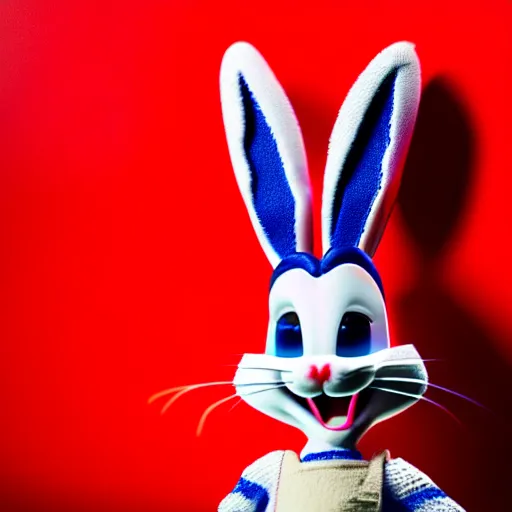 Image similar to photo of a bugs bunny toy sitting infront of a red wall with blue stripes ultra realistic, lens flare, atmosphere, glow, detailed, intricate, full of colour, cinematic lighting, trending on artstation, 4 k, hyperrealistic, focused, extreme details, unreal engine 5, cinematic, masterpiece, ultra realistic, hyper realistic, highly detailed, sharp focus, digital art