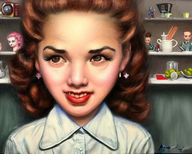 Image similar to closeup profile portrait of a 1 9 5 0 s highschool canteen, nicoletta ceccoli, mark ryden, lostfish, max fleischer, hyper realistic, artstation, illustration, digital paint, matte paint, vivid colors, bright, cheerful, detailed and intricate environment