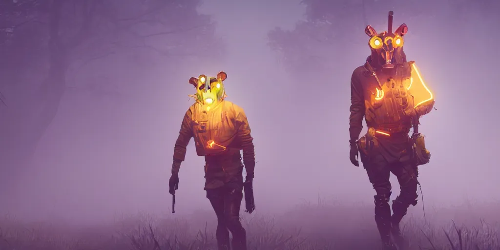Image similar to a beautifully strange image of a gamekeeper wearing a dieselpunk mechanical fluorescent mystical animal mask. walking in the misty, dangerous river. in style of fornite game. award winning. dramatic. trending on artstation. high quality. rendered by beeple, by makoto shinkai, syd meade, digital art, unreal engine 5, fornite game. octane render