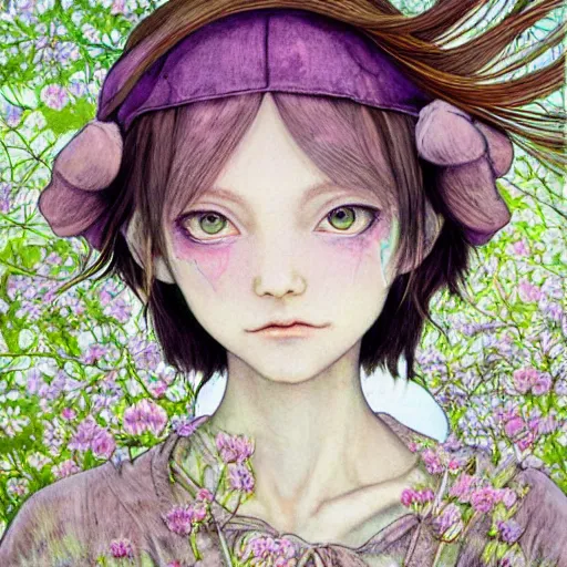 Prompt: little elf girl, grunge outfit, soft hair. light color palate, purple, yellow and white. detailed soft painting, ayami kojima, made in abyss, anatomically correct, inspired in balthus, high detailed face anime, vogue magazine, glorious composition