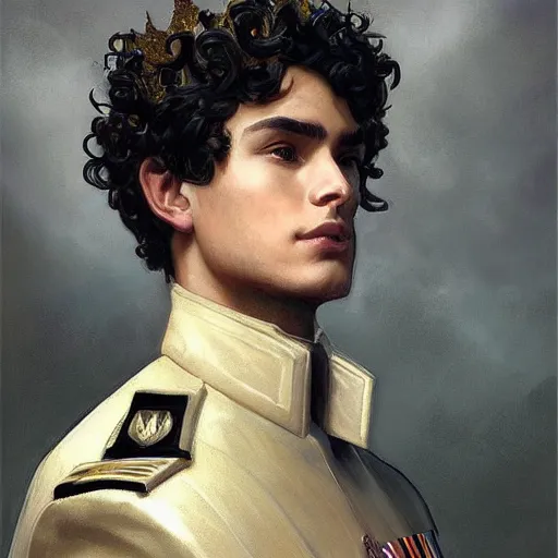 Prompt: a young man with short curly brown hair and a thoughtful expression. he wears a white military uniform and a wooden crown. he is the emperor. beautiful painting with highly detailed face by artgerm and greg rutkowski and alphonse mucha