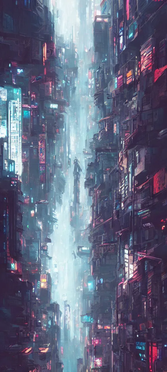 Image similar to A painting of a Vertical Cyberpunk City trending on artstation in the style of Greg Rutkowski