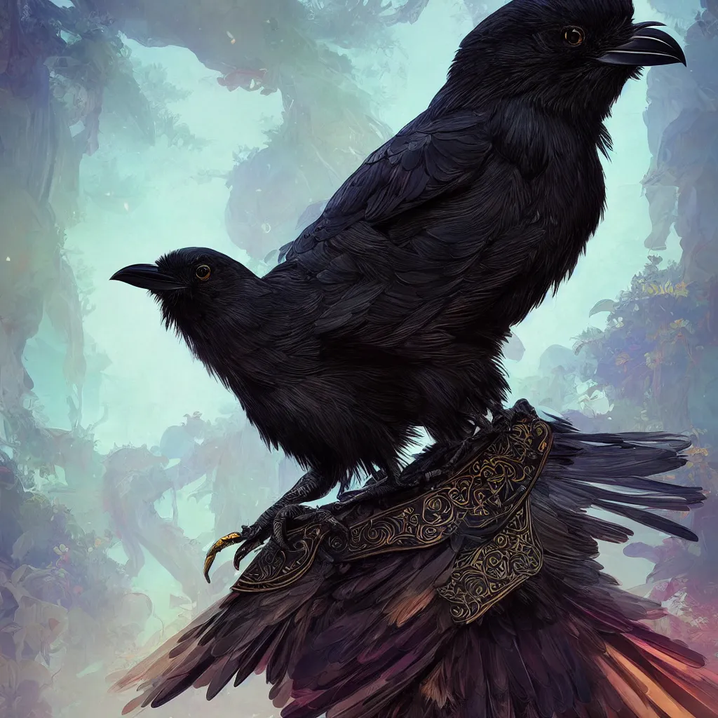 Prompt: beautiful black raven bird with ornate armor, cute, intricate, highly detailed, digital painting, trending on artstation, concept art, smooth, sharp focus, backlit, rim light, vivid colors, illustration, unreal engine 5, 8 k, art by rossdraws and alphonse mucha