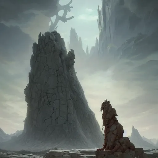 Prompt: stone colossus by grzegorz rutkowski and richard wright and peter mohrbacher, atmospheric haze, stormy, tundra, princess in foreground, large scale