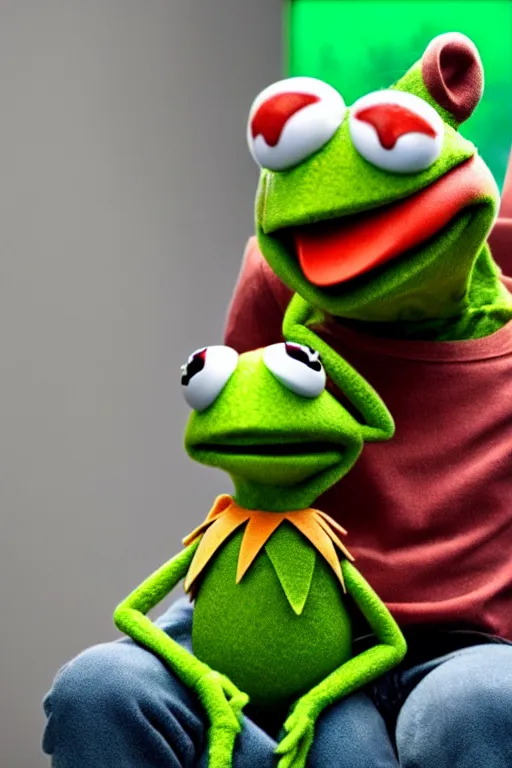 Image similar to candid photo of kermit the frog sitting on the couch hitting a bong, kermit the frog in ted ( 2 0 1 2 ) bong scene, kermit the frog, high resolution photo, trending on artstation, interior design,