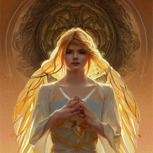 Image similar to golden angel, fantasy, highly detailed, digital painting, artstation,illustration, art by artgerm and greg rutkowski and alphonse mucha