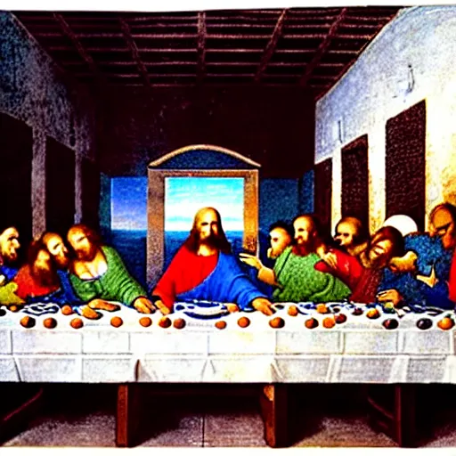 Image similar to leonardo da vinci's the last supper with the minions,