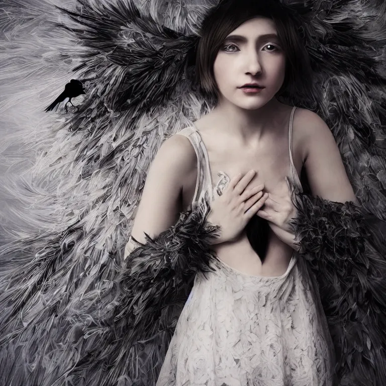 Prompt: hight focus of a wonderful realistic focused sweet wonderful symmetrical mid portrait of a lonely woman in the center of image, her dress is like a realistic black raven plumes, dramatic light, octane render, image in center - 8 k