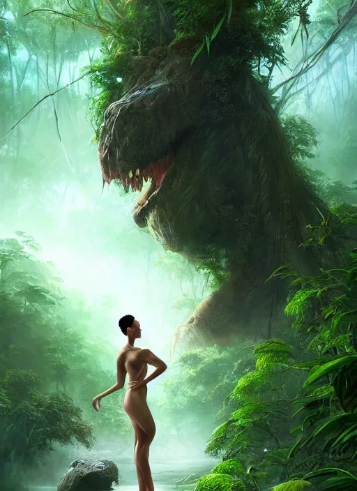 Image similar to elegant full body beautiful mulatto caught by a predatory plant venus flycatcher in jungle, gorgeous, intricate, elegant, volumetric lighting, scenery, digital painting, highly detailed, artstation, sharp focus, illustration, concept art, ruan jia, steve mccurry, ultra detailed painting at 16K resolution and epic visuals. epically surreally beautiful image, amazing effect, image looks crazily crisp as far as it's visual fidelity goes, absolutely outstanding, vivid clarity. ultra. iridescent, mind-breaking, mega-beautiful pencil shadowing. beautiful face, Ultra High Definition, process twice.