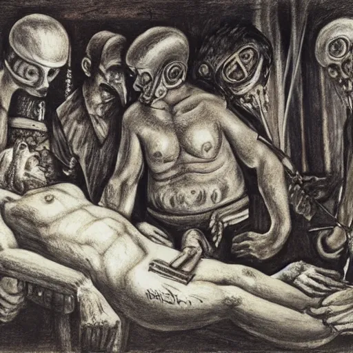 Image similar to by otto dix, by clive barker balmy, peaceful ancient roman. a beautiful drawing of a team of surgeons gathered around a patient on an operating table, with one surgeon in the process of cutting into the patient's chest. the drawing is full of intense colors & brushstrokes, conveying the urgency & intensity of the surgery.