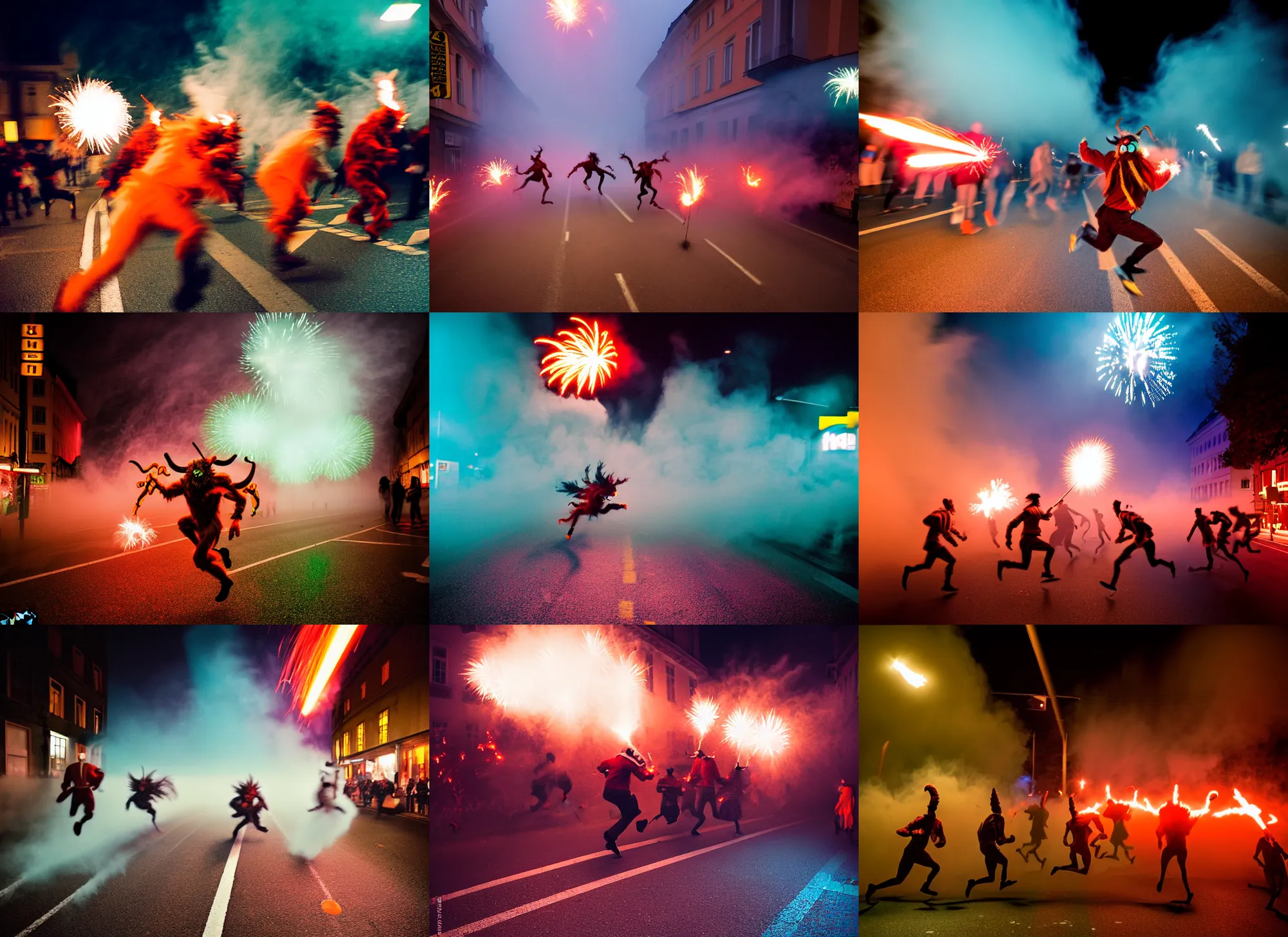 Image similar to kodak portra 4 0 0, 5 0 0 mm tele lens, f 1. 2, long exposure time, award winning dynamic vivid atmospheric photograph of running jumping hazardous horde krampus, by robert capas, in muted colours, striped orange and teal, motion blur, on a street in salzburg at night with colourful exploding pyro firework and torches, fog