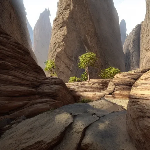 Image similar to pathway canyon in between mountains, unreal engine, high detail, realism, award winning, detailed lighting