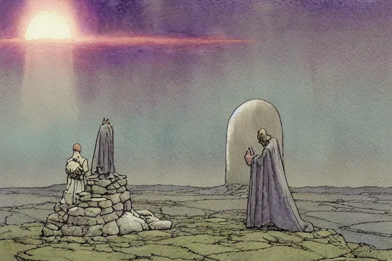 Image similar to a realistic and atmospheric watercolour fantasy concept art of a ufo landing in a floating stonehenge. medieval monk in grey robes is on his knees praying. a crescent moon in the sky. muted colors. by rebecca guay, michael kaluta, charles vess and jean moebius giraud